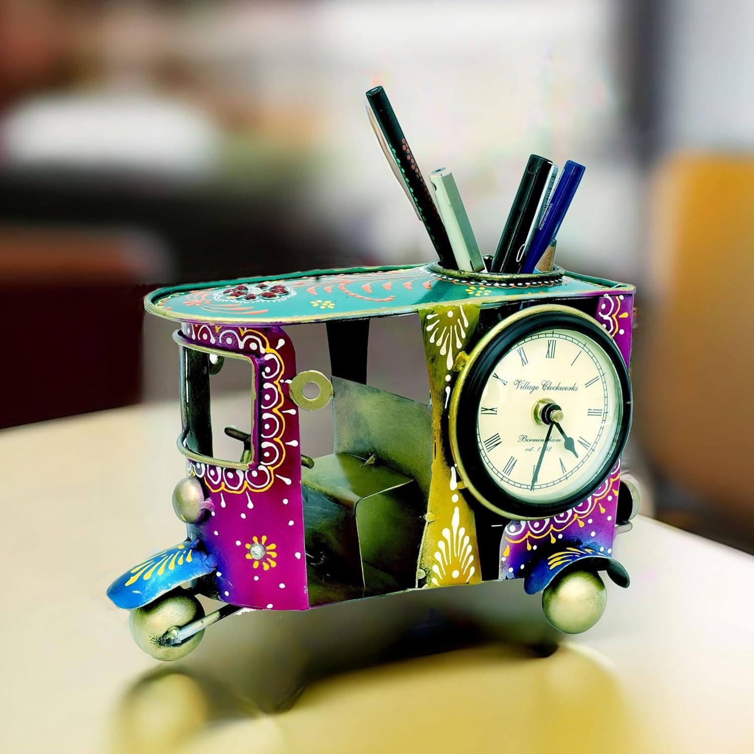 Desk Pen Stand with Table Clock, Decorative Auto Rickshaw Showpiece Stationery Holder Brush Pencil Stand for Work Desk Study Table Students Office Organizer Home Decor
