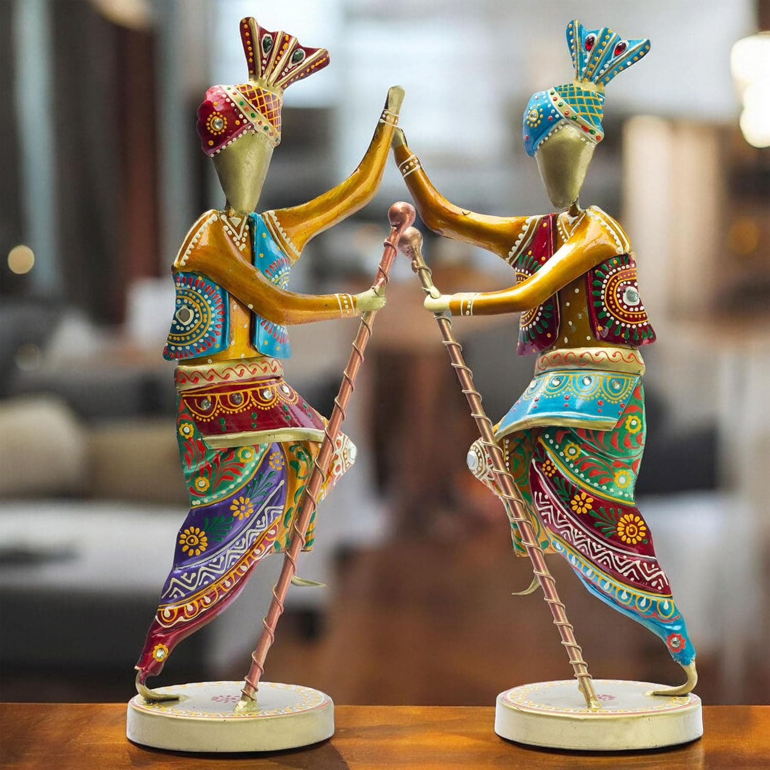 Handcrafted 14-Inch Bhangra Dancer Statues – Vibrant Punjabi Folk Dance Metal Showpiece Set for Traditional Indian Home Décor – Ethnic Festival Gift