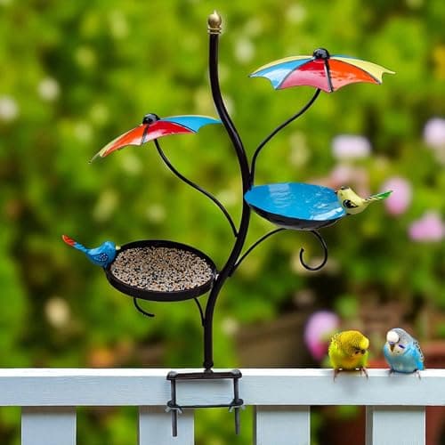 Balcony Bird Feeder with Water Bowl & Umbrella Shade – Clamp-On Mount Bird Feeding Station for Railing – Outdoor Bird Bath & Feeder for Sparrows, Small Birds, Garden Decor