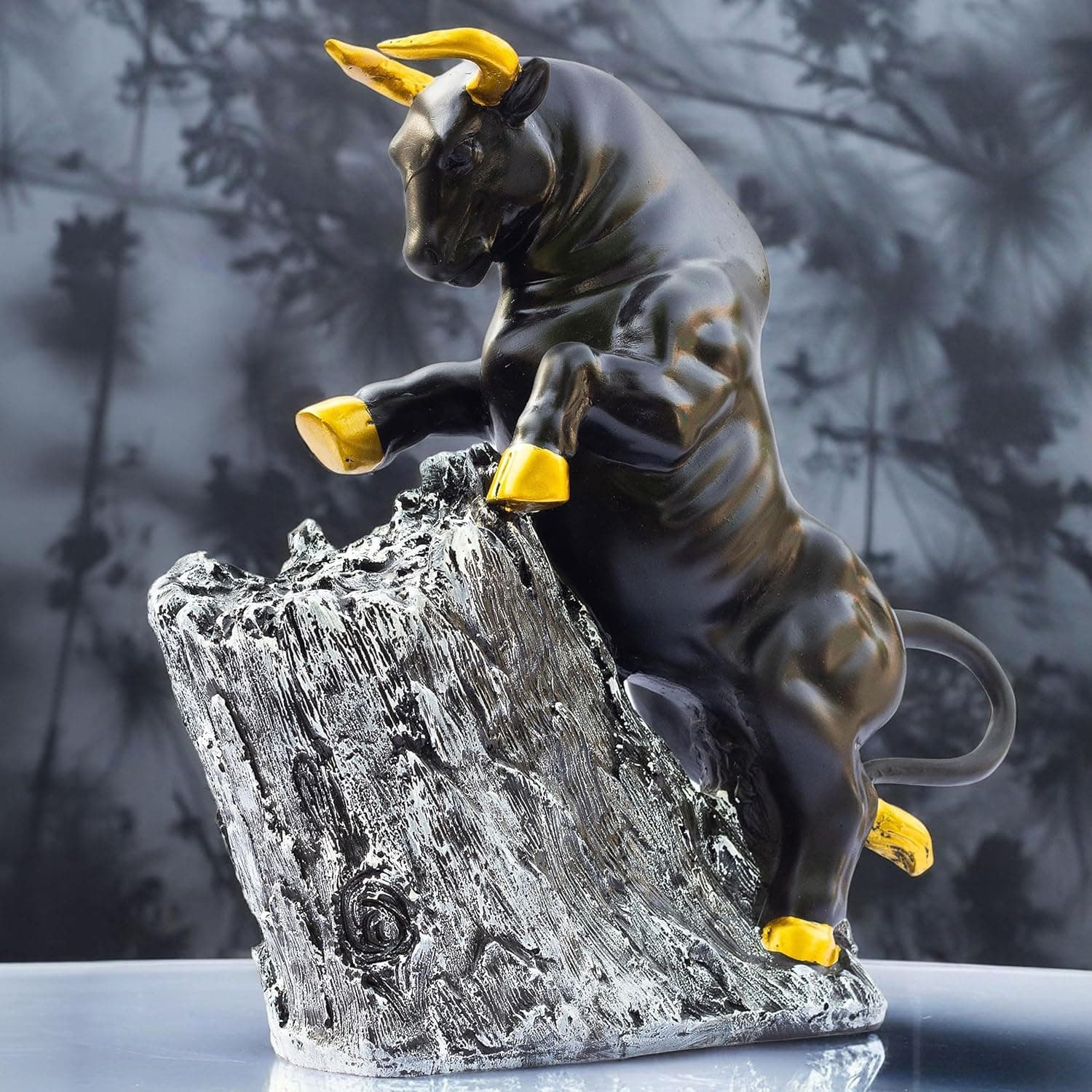 Roaring Bull Showpiece Figurine – 10x3x10 Inch Abstract Animal Decor for Home Office – Black Resin Sculpture with Golden Accents – Housewarming Birthdays and Special Occasions (The Bull)