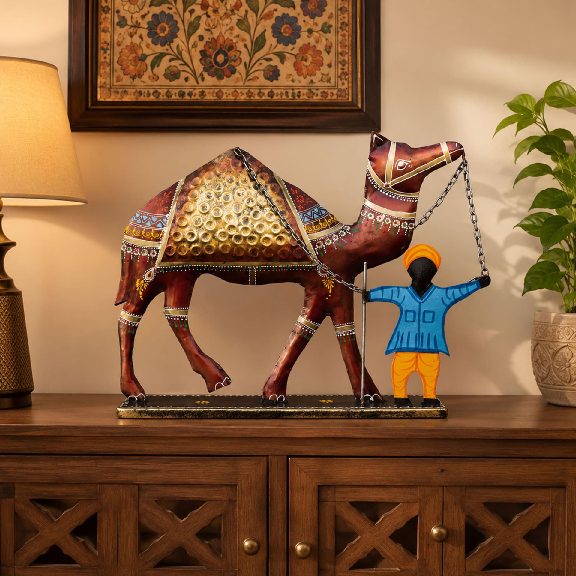 Rajasthani Camel Showpiece with Handler for Home Decor | Large 20 Inch Iron Metal Desert Art Statue for Living Room Office Hotel Restaurant Reception Desk Ethnic Gift
