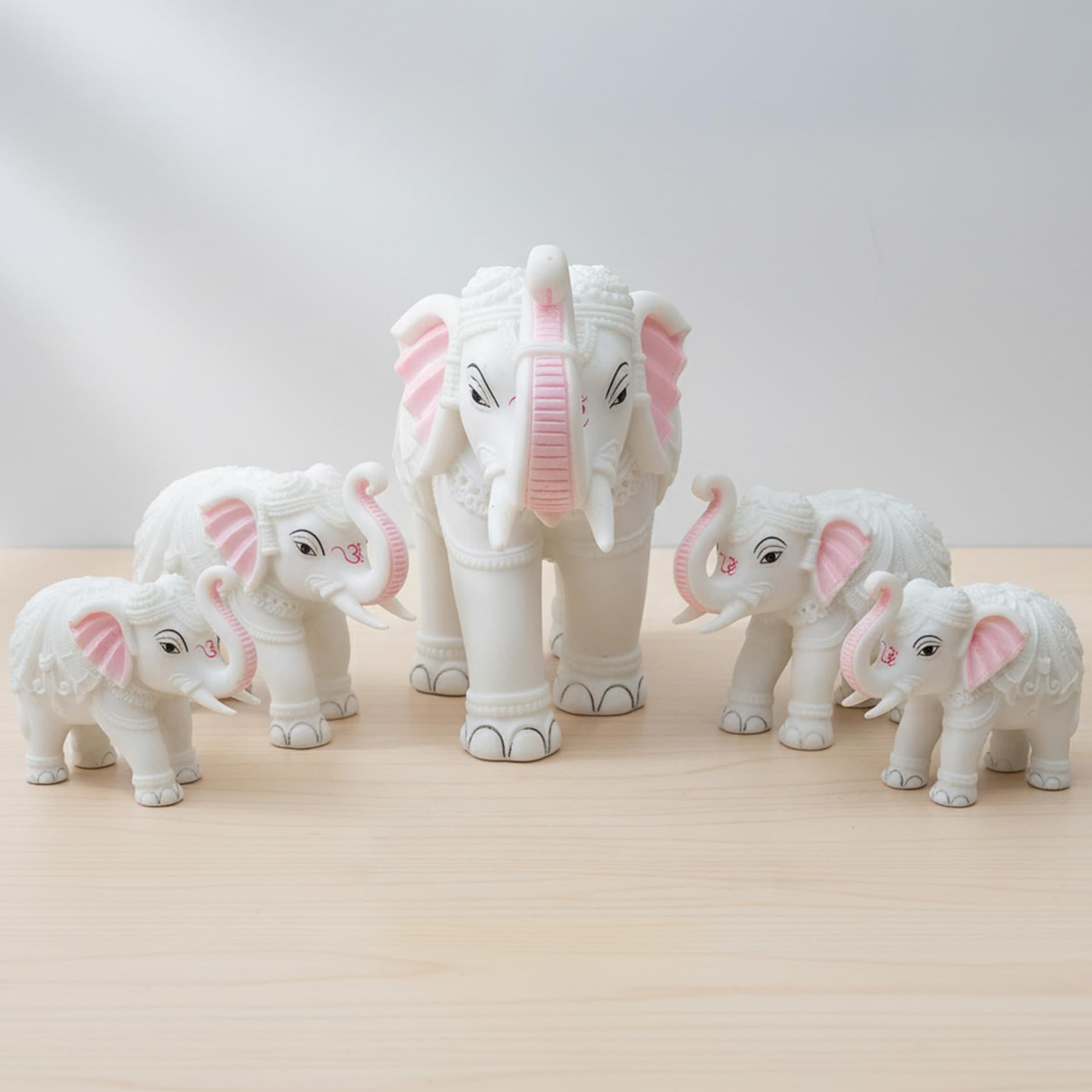 Elephant Family Showpiece Set of 5 – Royal Home Decorative Statues with Auspicious Om Symbol | White Marble-Resin Figurines for Diwali, Corporate & Housewarming Gifts