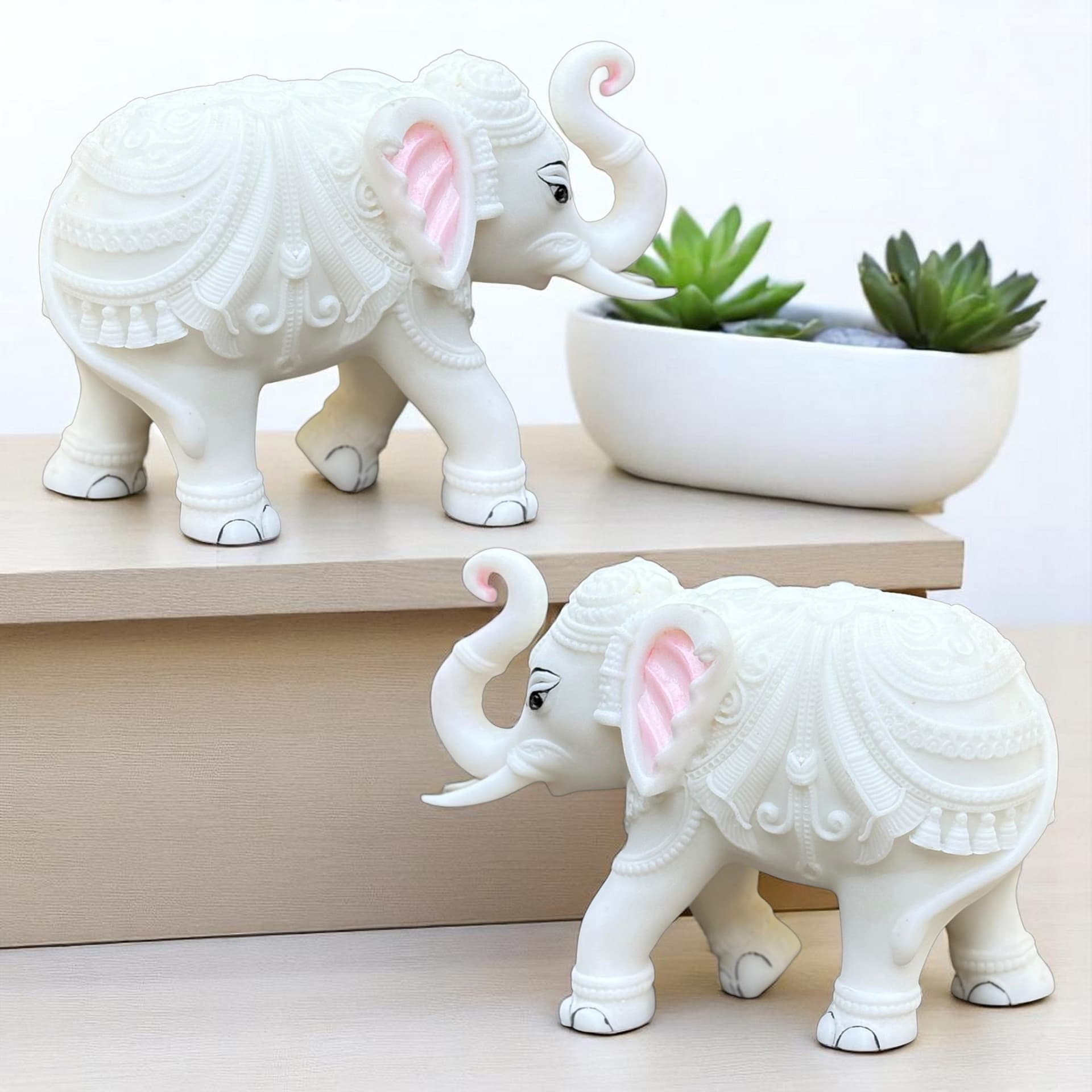 White Marble Elephant Statue Pair (2x3 Inches), Trunk Up Decorative Elephant Figurine for Home Entrance, Living Room & Office, Vastu Feng Shui Diwali, Prosperity Gift