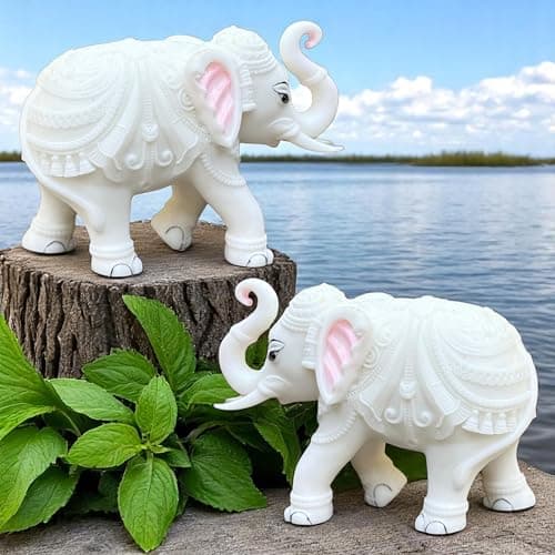 White Marble Elephant Statue Pair | Decorative Marble Elephant for Living Room & Entrance | Vastu Feng Shui Elephant Showpiece (4×5 in) | Diwali & Home Decor Gift