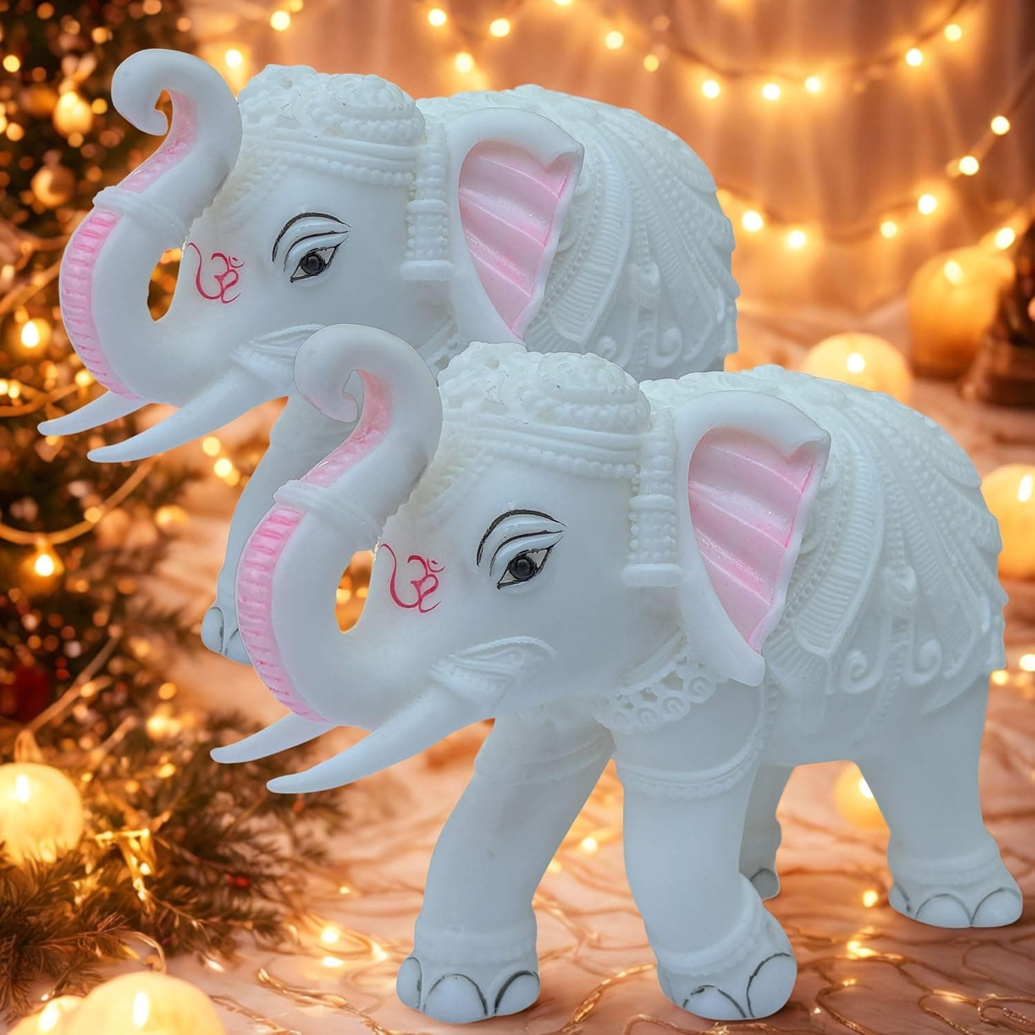Large Auspicious White Elephant Hathi Showpiece Set of 2 | 8 Inch Vastu Trunk Up Figurine for Home Office Table Diwali Decoration Gifting