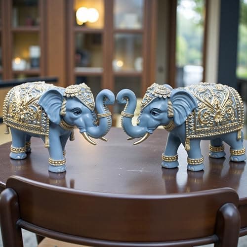 Royal Blue Gajraj Elephant Showpiece Pair for Home Decor | Marble Dust Resin (6 x 9 inch) Statue Set | Vastu Wealth, Prosperity Gift for Diwali & Housewarming
