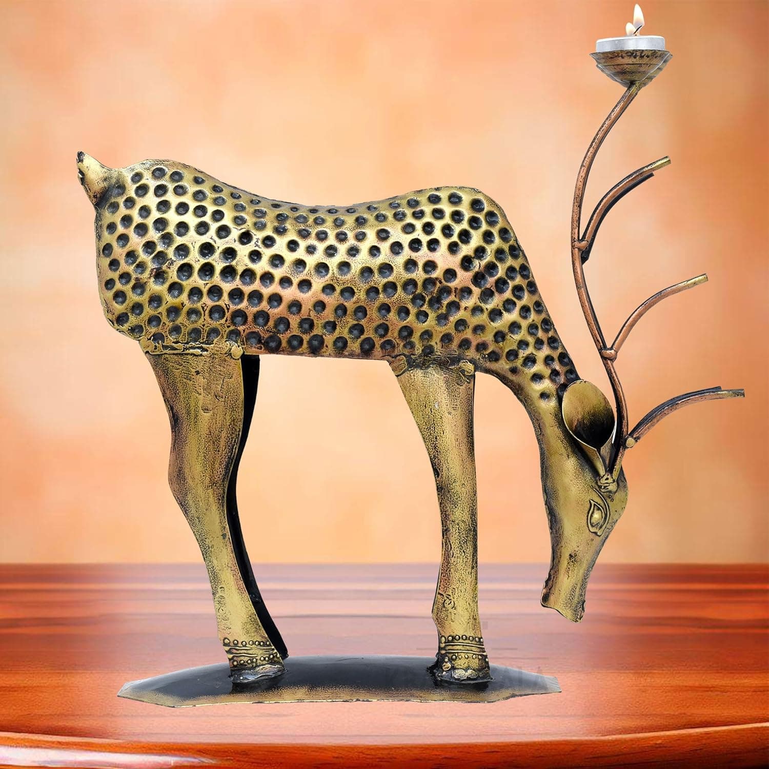 Decorative Showpiece Iron Metal Deer with Tea Light Candle Holder, 14 inch Large Deer Statue Home Decor Item for Living Room, Doorway (Deer)