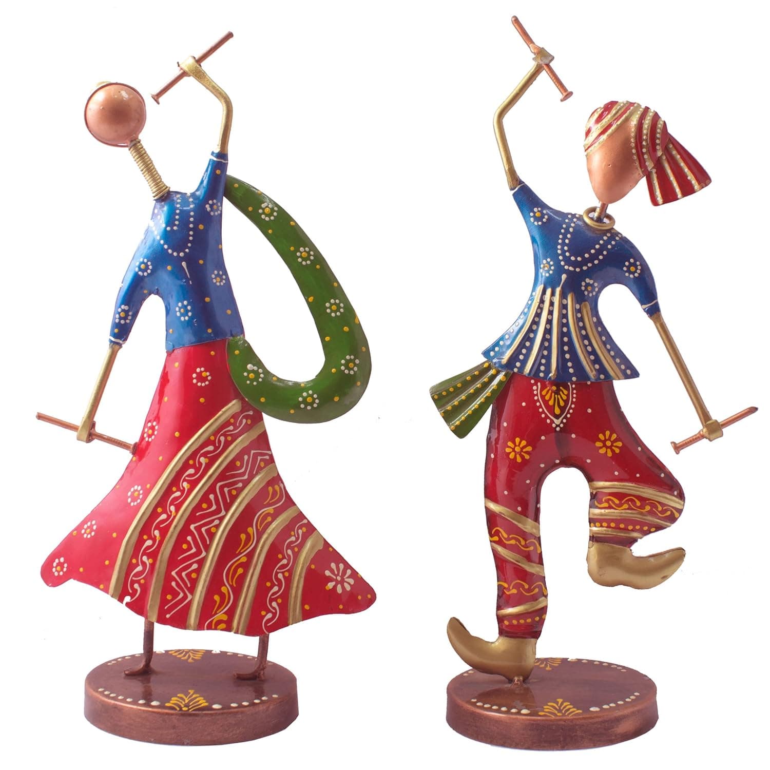 Home Decor Gujarati Dancing Couple Set of 2 Colourful Dandia Dancers Iron Figurine Statue for Home, Living Room, Gifts (14 inch)