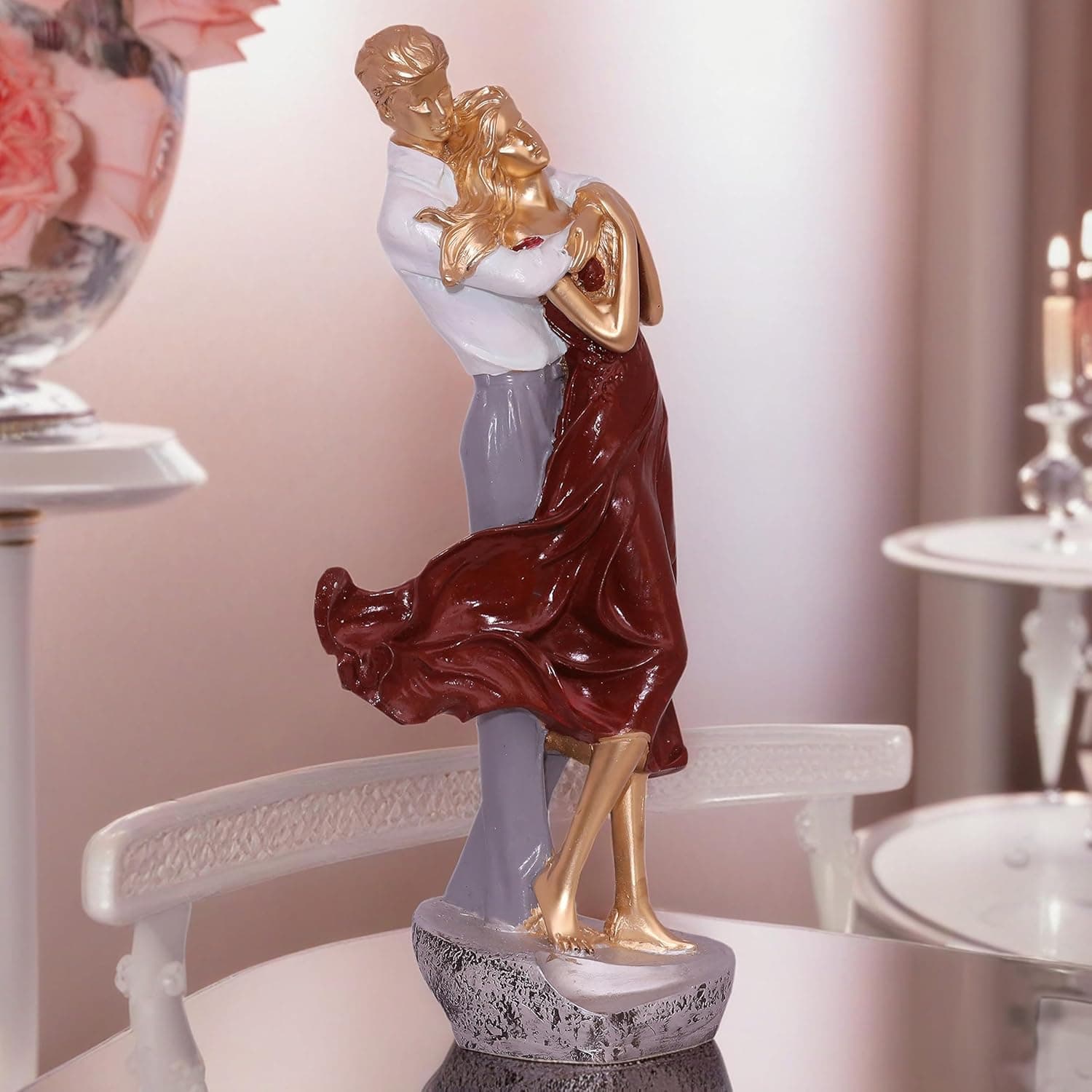 Romantic Embrace Showpiece Statue - Love Figurine with Heart-Shaped Base for Home Decor, Perfect for Valentine's Day, Anniversaries, Wedding Gifts (Dancing Couple Red)