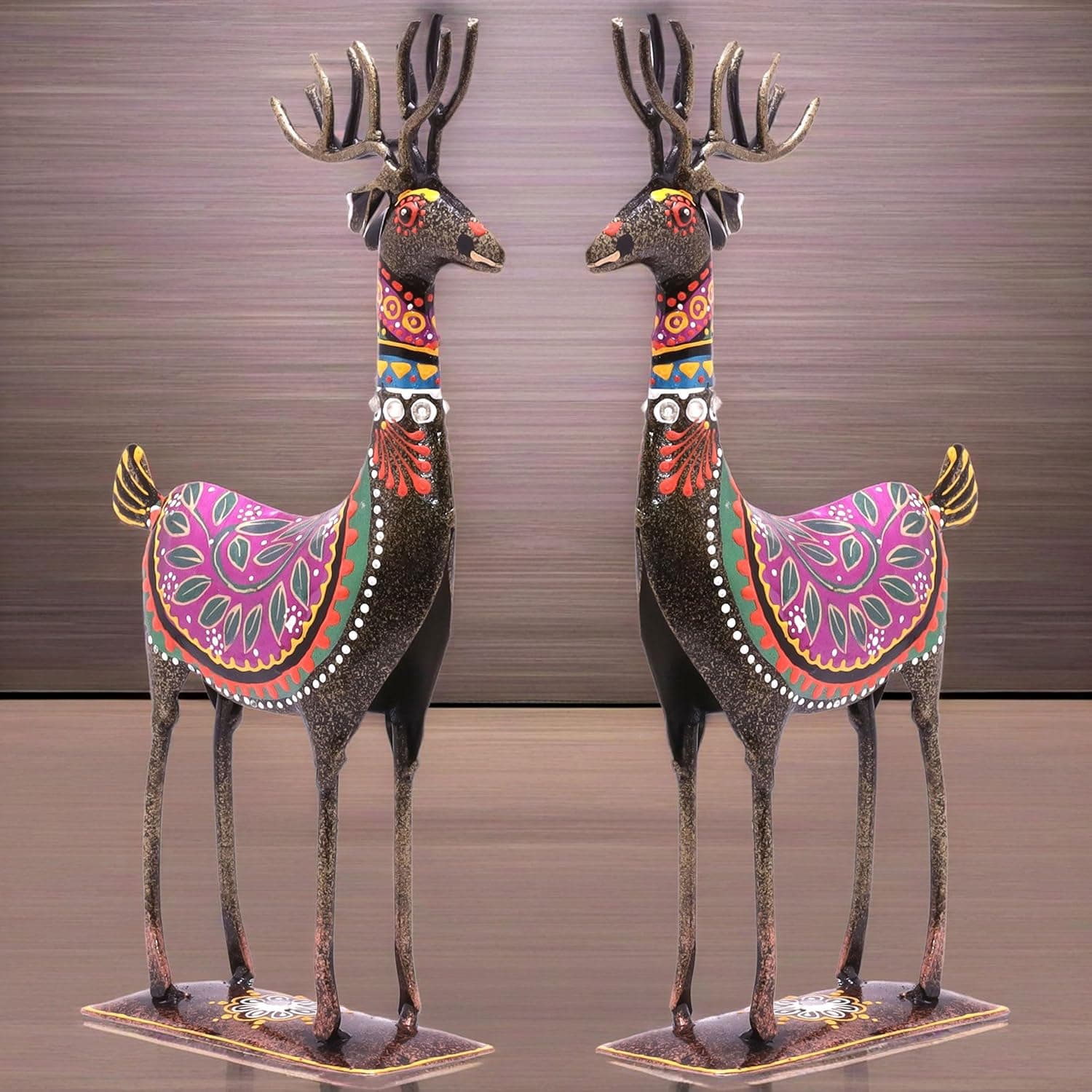 Handpainted Iron Deer Showpiece Set of 2 Vibrantly Coloured Tabletop Liiving Room Office Home Decor Gift Item 10.5x4.5 inch (Deer Set)