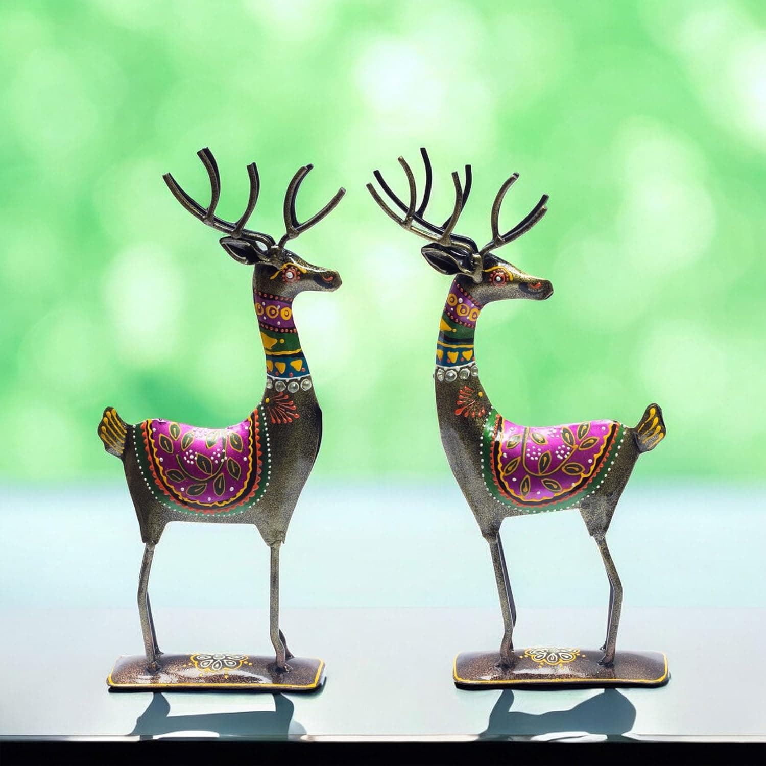Handpainted Iron Deer Showpiece Pack of Two Vibrantly Coloured Tabletop Living Room Office Home Decor Gift Item 10.5x4.5 inch
