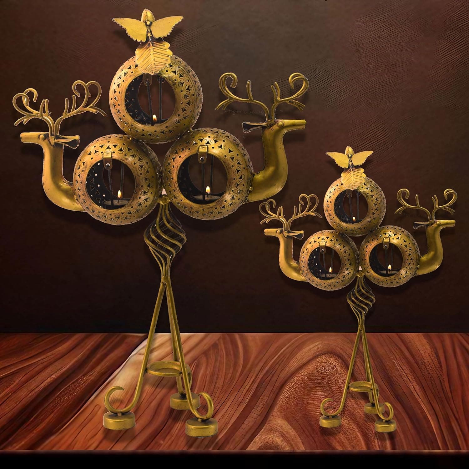 Tea Light Candle Holders (Pack of 2) Antique Deer Statue Home Decoration Tabletop Showpieces with 6 Hanging Tea Light Slots for Living Room Decor, Home Entrance, Dinner Table (Bronze)