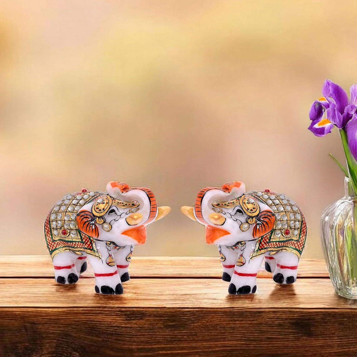 Pack of 2 Marble Elephant Figurines, 2.5 Inch Trunk Up Vastu Inspired Good Luck Showpiece, Handcrafted Home & Office Decor, Festival Gift (2.5 inch)