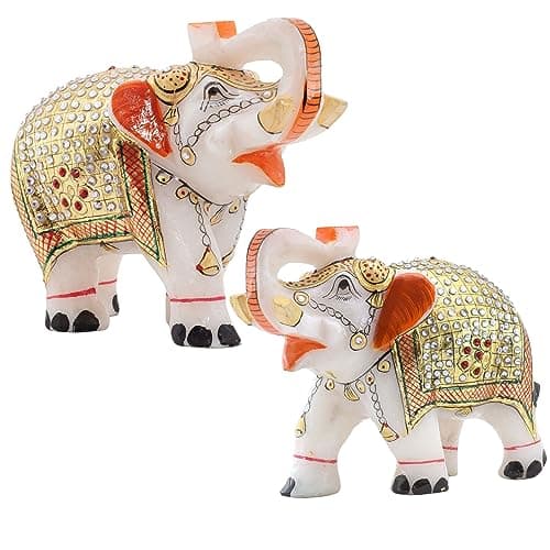 The Elephant Family Pack of 2 Large 5 inch Marble Elephant Showpiece Jeweled Hand Crafted Living Room Decor Statues for Home Decor, Gifting, Indoor Decorations (2)