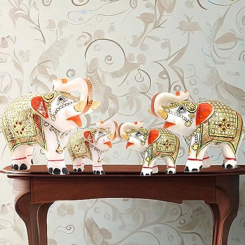 The Elephant Family Pack of 4 Marble Elephant Showpiece Jeweled Hand Crafted Living Room Decor Statues for Home Decor, Gifting, Indoor Decorations (4)