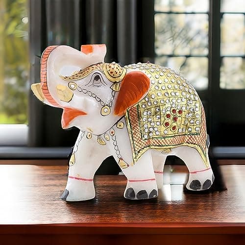 Elegant Marble Elephant Statue - Handcrafted Home Decor Showpiece Symbolizing Love, Strength, Luck|Pure Makrana Marble|Vastu Shastra Positive Energy (4 Inch), White