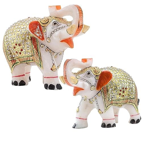 Marble Elephants Pair Set of 2 Showpieces Size 4 inch Elephant Statue Gift, Decor Item for Home Entrances, Living Room, Tabletop, Office Desk (4 * 5inch, 2, White-Gold)