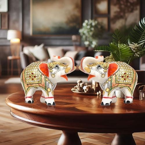 Marble Elephant Showpiece 3 inch Home Decor Pack of 2 Hathi Statues for Home Entrances, Living Room, Study Table, Office Desk (3 x 4, 2)