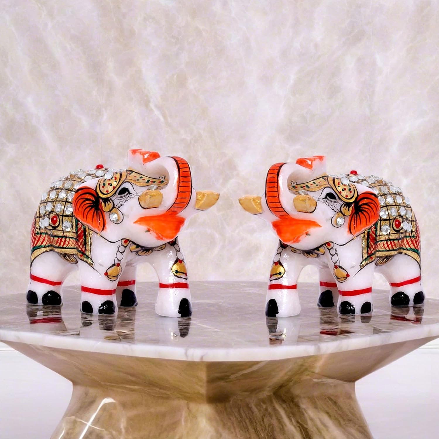 Marble Elephant Showpiece Set of 2 Statues 2x3 inch Home Decor Item for Study Table, Living Room Shelf, Tabletop, Office Desk (White, 2 x 3, 2)