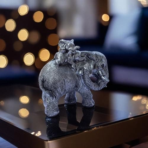 Polyresin 6" Elephant with Baby Statue for Home Decor – Vastu & Feng Shui Good Luck Symbol – Decorative Showpiece for Entryway, Living Room, Office, Gift (Silver)