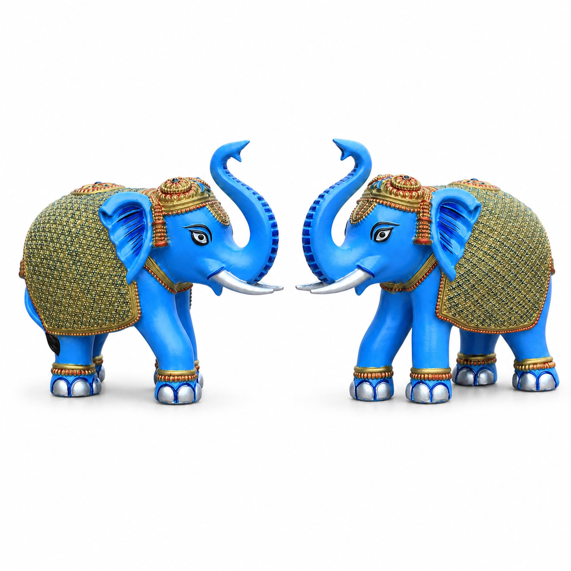 Blue Gold Elephant Statue Showpiece Pair, Marble Dust, 8 Inch