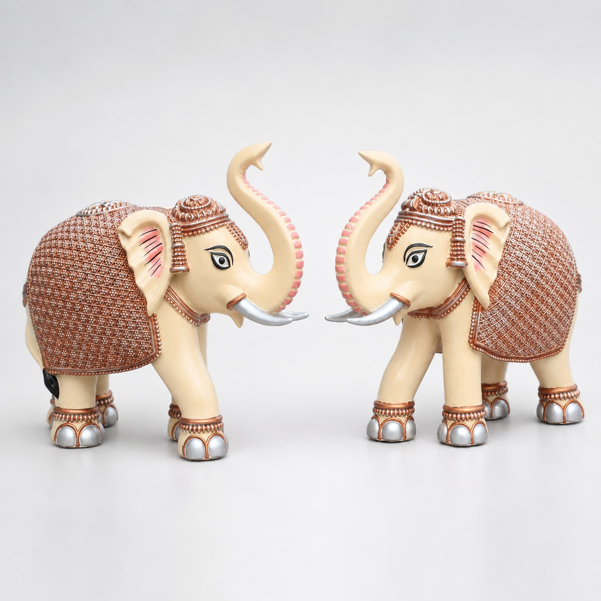 Peach Cream Elephant Statue Showpiece Pair, Marble Dust, 8 Inch