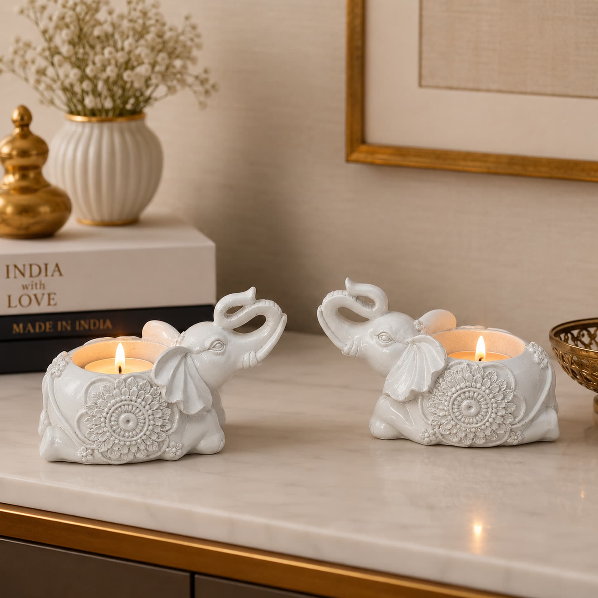 White Elephant Tealight Candle Holders, Set of 2, 5.5 Inch