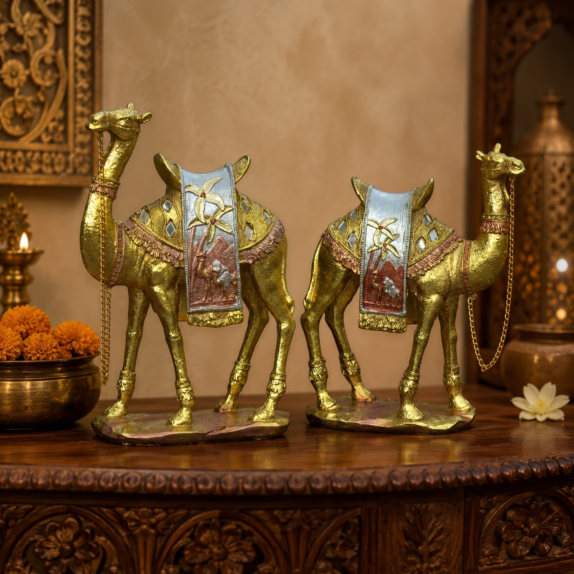 Gold Camel Statue Showpiece Pair, Set of 2, Resin, 10 Inch