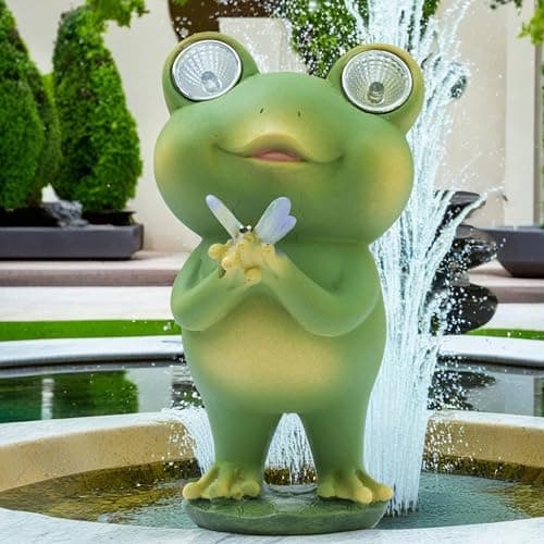 Playful Solar-Powered Resin Adorable Frog Statue – Perfect Garden and Indoor Decor with Auto Light-Up Eyes (Butterfly)
