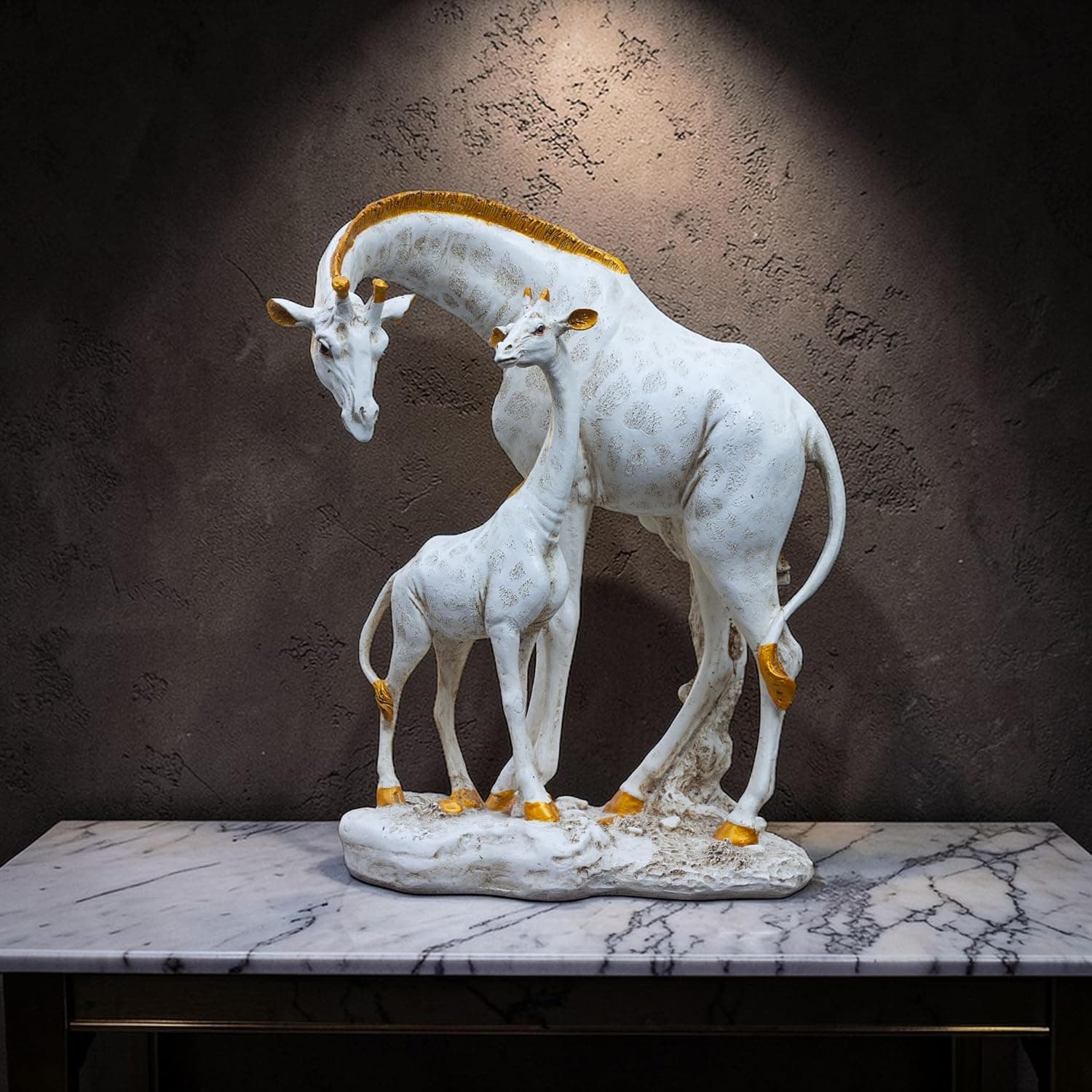 White Giraffe Mother & Baby Statue with Gold Accents | Resin Animal Showpiece for Home Decor Tabletop | Vastu Symbol of Grace Protection | Gift Decor Figurine