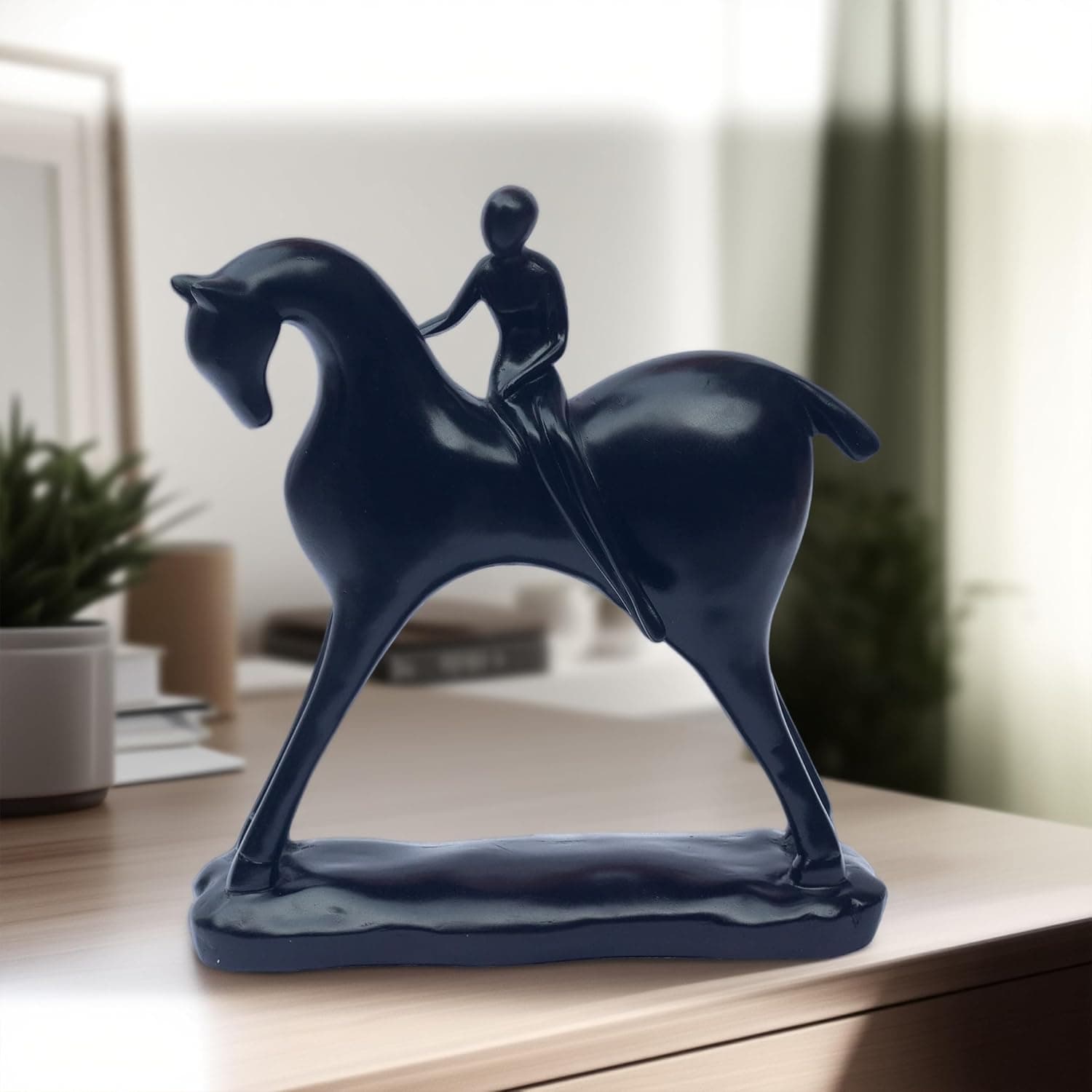 Minimalist Girl on Horse Figurine – Modern Black Resin Showpiece | Elegant Home Decor Accent for Living Room, Study, Office | Contemporary Art Sculpture for Gifting