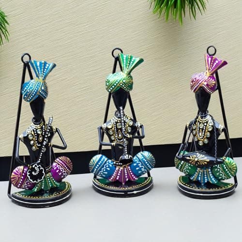 Set of 3 Rajasthani Folk Musician Wall Hanging Showpieces – Hand Painted Metal Figurines for Wall and Traditional Table Decor for Housewarming and Festive Gifting