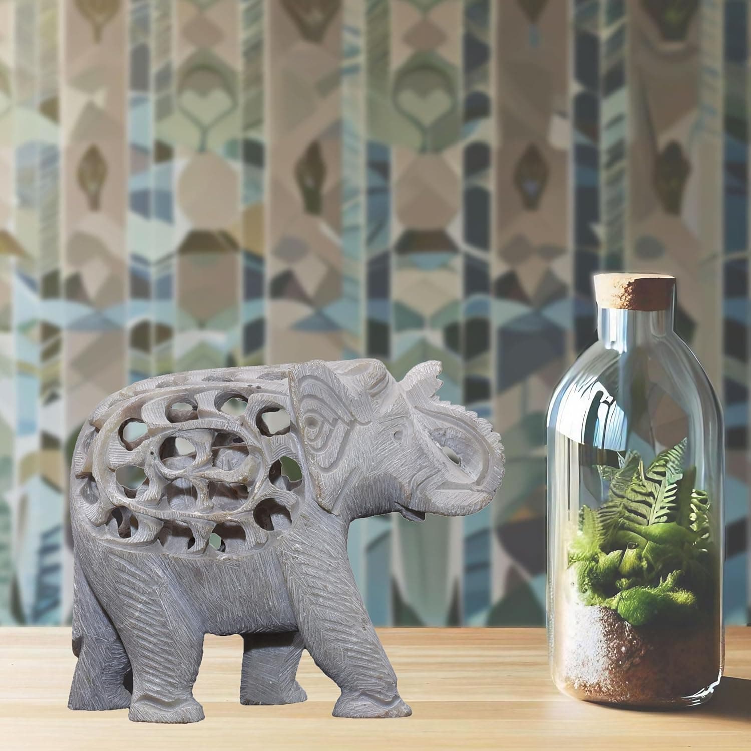 Single Stone Elephant & Baby Jali Elephant Soapstone Showpiece for Home Decor Table Office Desk