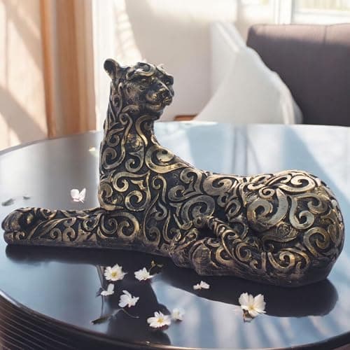 Luxury Leopard Sculpture in Black Resin with Gold Accents | Decorative Animal Statue for Home & Office | Symbolic Wildlife Decor - Strength, Power & Self-Reliance (Lying Leopard)