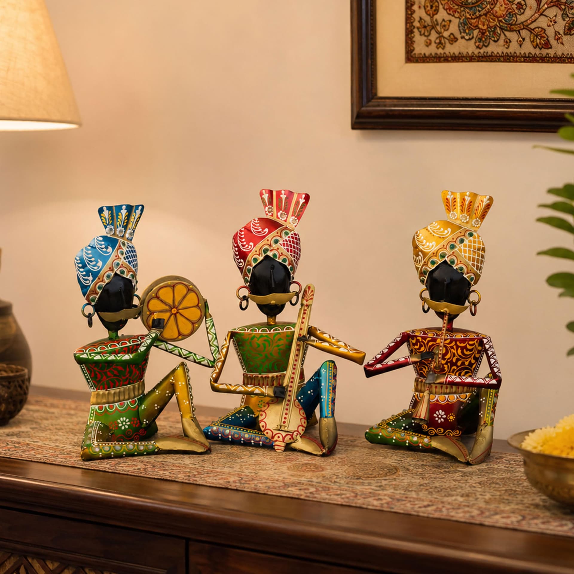 Rajasthani Bawla Musician Showpiece Set of 3 for Home Decor | Iron Metal Folk Artist Statue with Instruments | Hand Painted Tabletop Decor for Living Room Office Gift