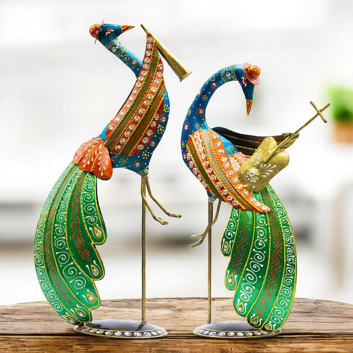 Vibrant Home Décor Figurines – Handcrafted Iron Metal Tabletop Showpieces for Livign Room, Hallway, Offices, Festive Gifting (Peacock Musicians)