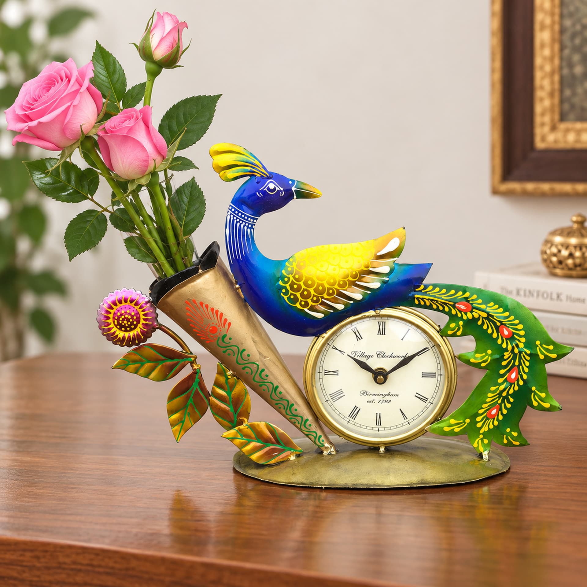 Peacock Mor Table Clock with Flower Vase, Iron Metal, 14.5 Inch