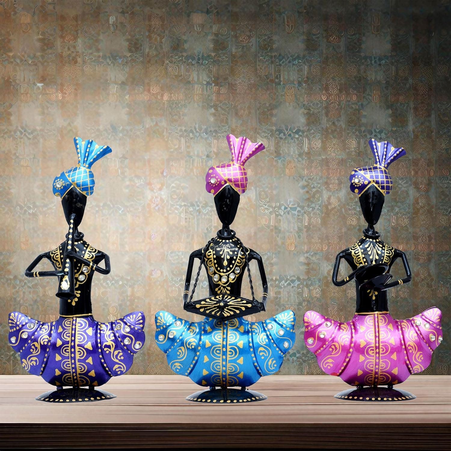 Metal Figurines Handcrafted Pagdi Musicians Set of 3 Vibrantly Coloured Wrought Iron Statues for Home, Living Room, Office and Gifts