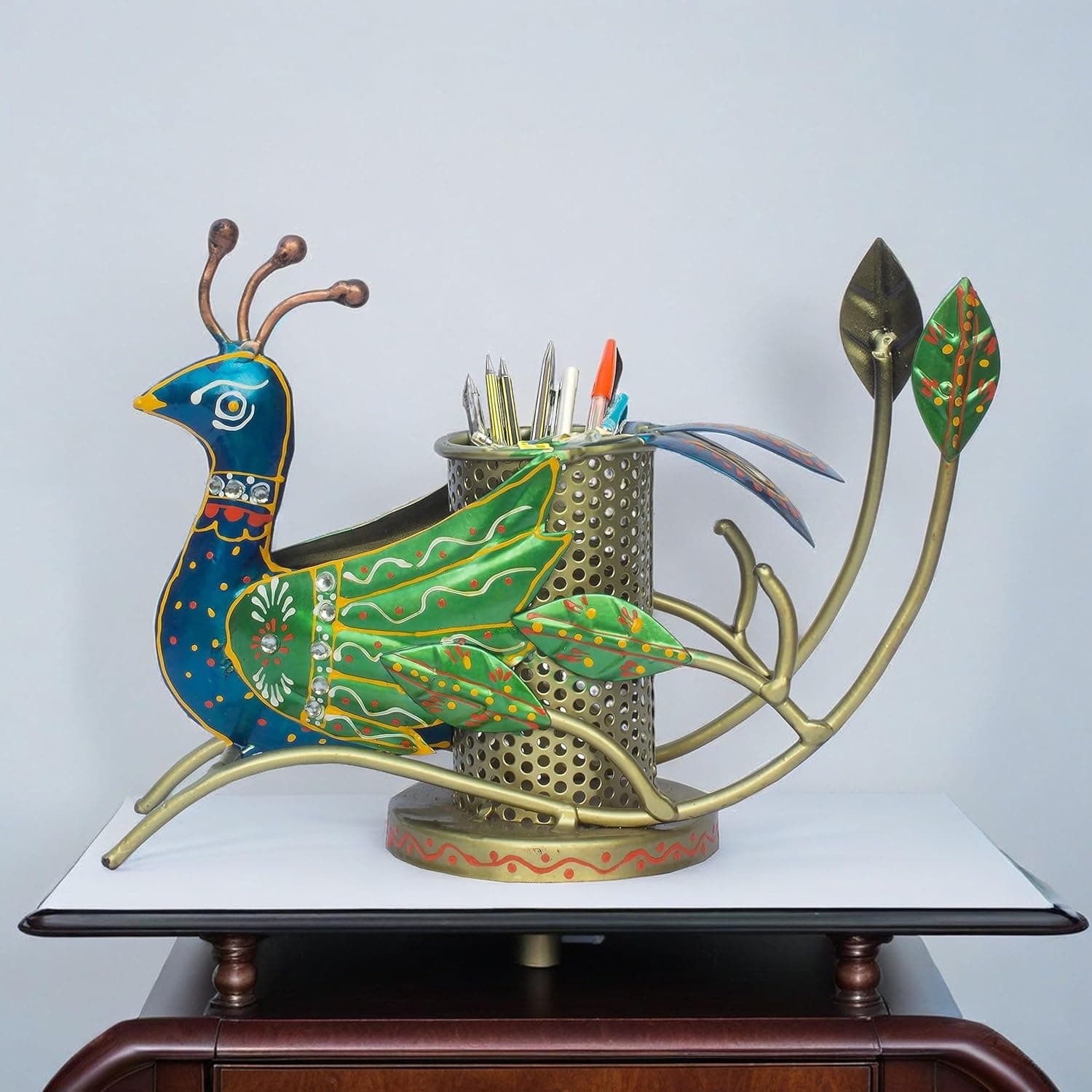 Pen Holder Pencil Stationery Organiser Office Supplies Holder for Work Desk, Study Table, Living Room Showpiece Decor (Peacock)