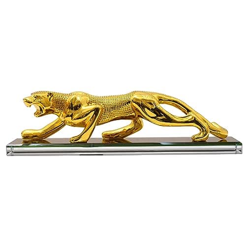 Decorative Panther Metal Figurine for Home Tabletop Decor, 10.5 inch Gold Plated Living Room Showcase Item with Reflective Glass Mirror Base