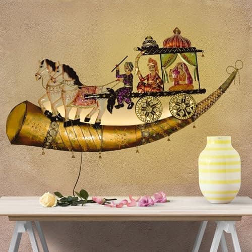 Traditional Indian Wall Decor – Iron Chariot with Horses & Royal Figures – Decorative Wall Hanging with Built-In Warm LEDs, Ethnic Metal Home Decor for Living Room, Diwali, Housewarming