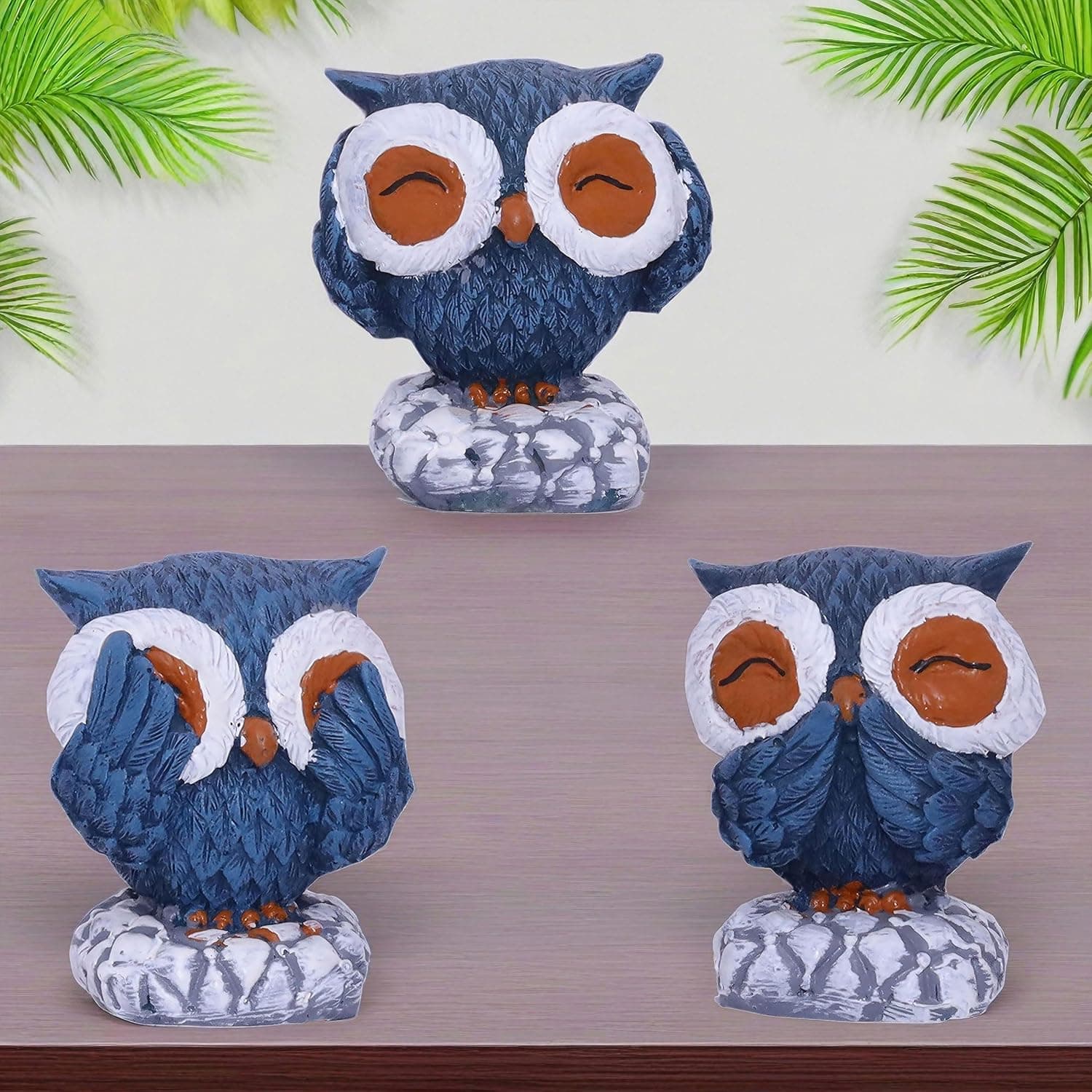 Charming Trio of Wisdom Owls - Hand-Finished Deep Blue Decorative Figurines with Textured Plumage - Perfect for Bookshelf, Desk, Home Decor - Symbolic Artisanal Owl Statues