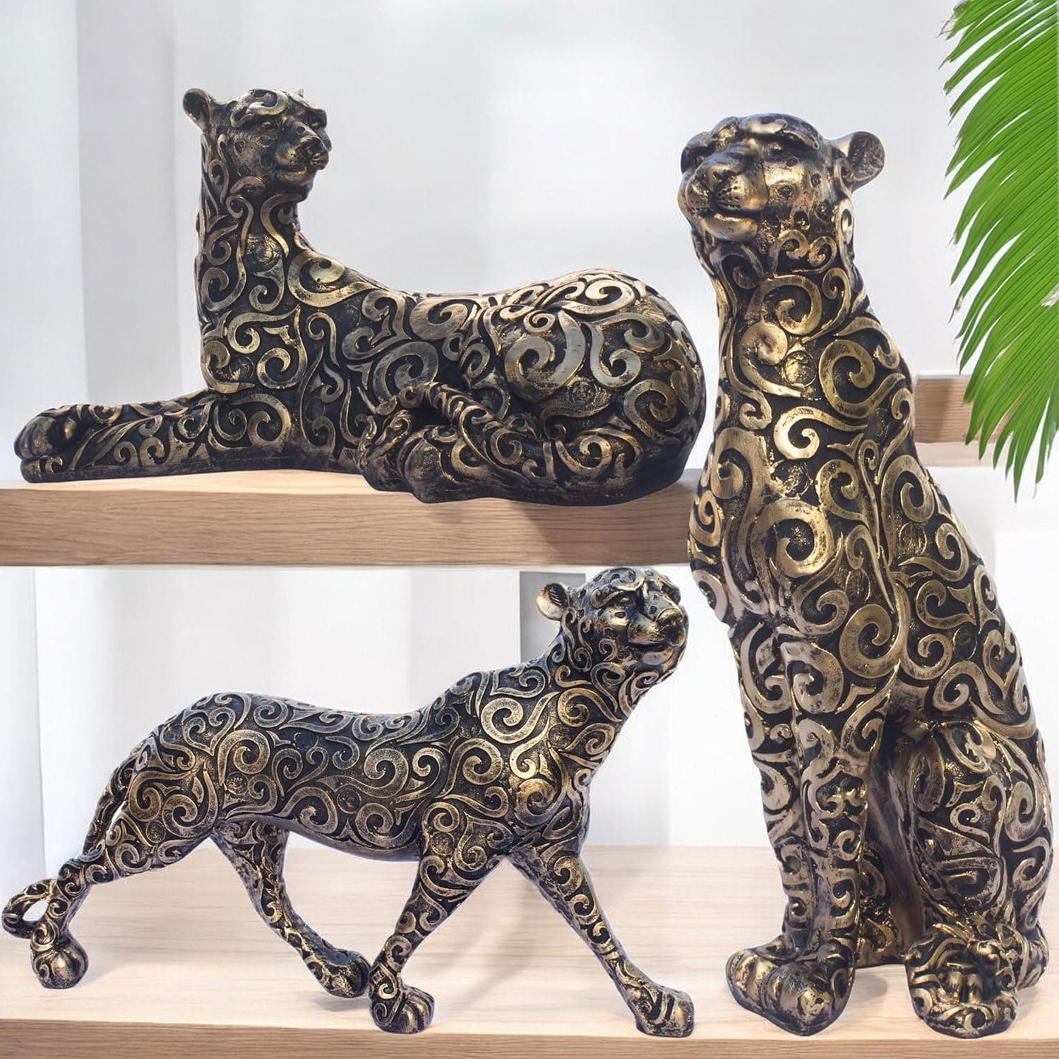 Elegant Leopard Statues Set of 3 - Handcrafted Decorative Showpieces - Big Size Resin Sculptures for Home Décor - Perfect for Living Room, Office, or Gifting