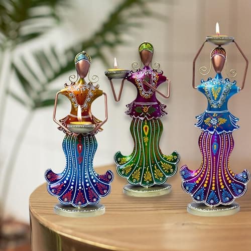 Metal Tealight Candle Holder Dolls Set - Multicolor Home Decor Showpiece Figurines, Tabletop Candle Stand for Living Room, Diwali Gifts, Anniversary Presents (3 Dolls)