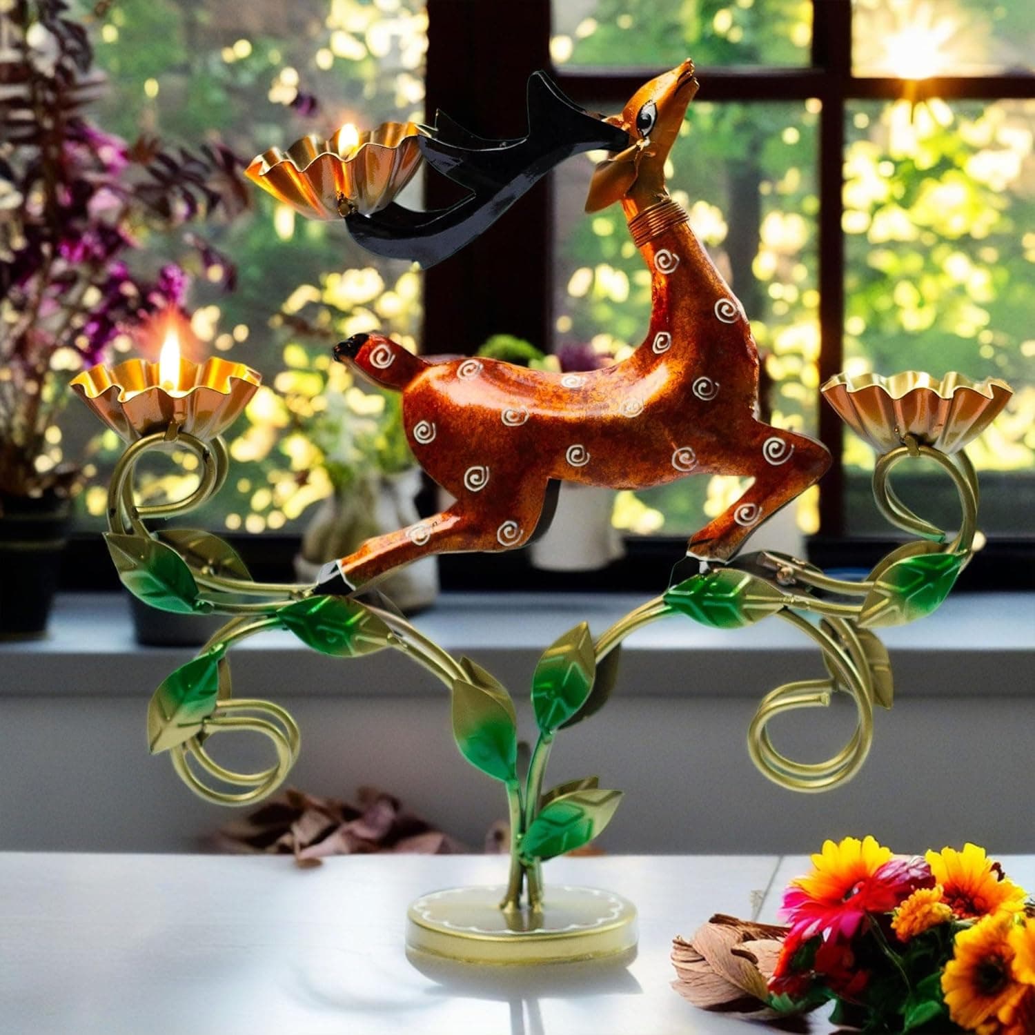 Decorative Deer Tealight Holder 3-Candle Christmas Decor Showpiece Statue for Living Room Decor, Dining Table Centerpiece, Gift Ideas | Durable Rust-Proof Iron for Festive & Everyday Use (Design 4)