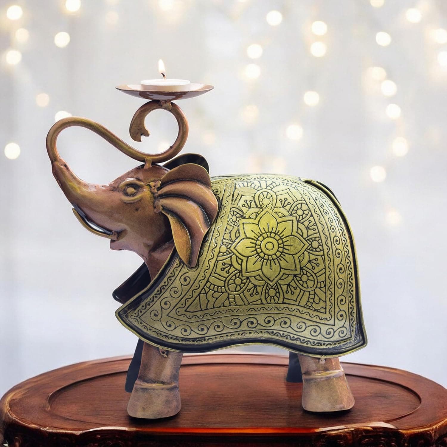 Elegant Carved Metal Elephant TeaLight Candle Holder Tabletop Showpiece for Living Room, Candle Light Dinners, Home Decor, Diwali Gift