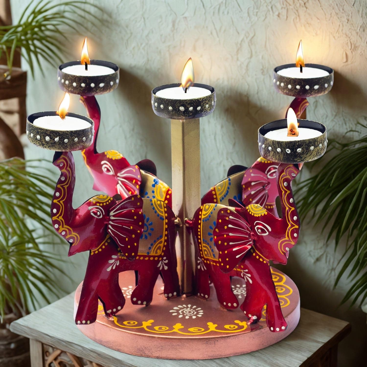 Elephant Tealight Candle Holder – Iron Tabletop Showpiece for Home Decor, Entrance & Office | 5 T-Light Slots for Diwali Navratri Festival Gift & Weddings