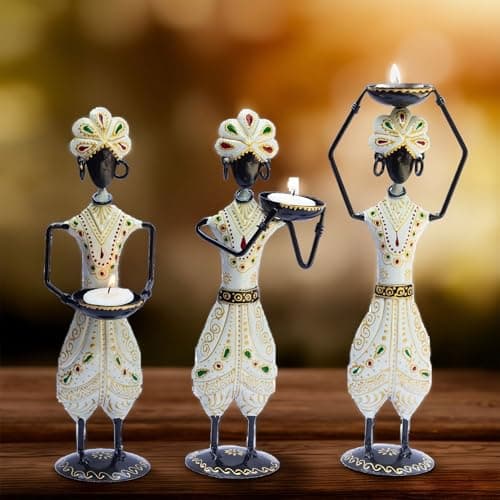 Traditional Tribal Tealight Holder Showpieces – Handmade Ethnic Decor for Home, Diwali, Wedding, Festivals, Gifting (Men-Set of 3)