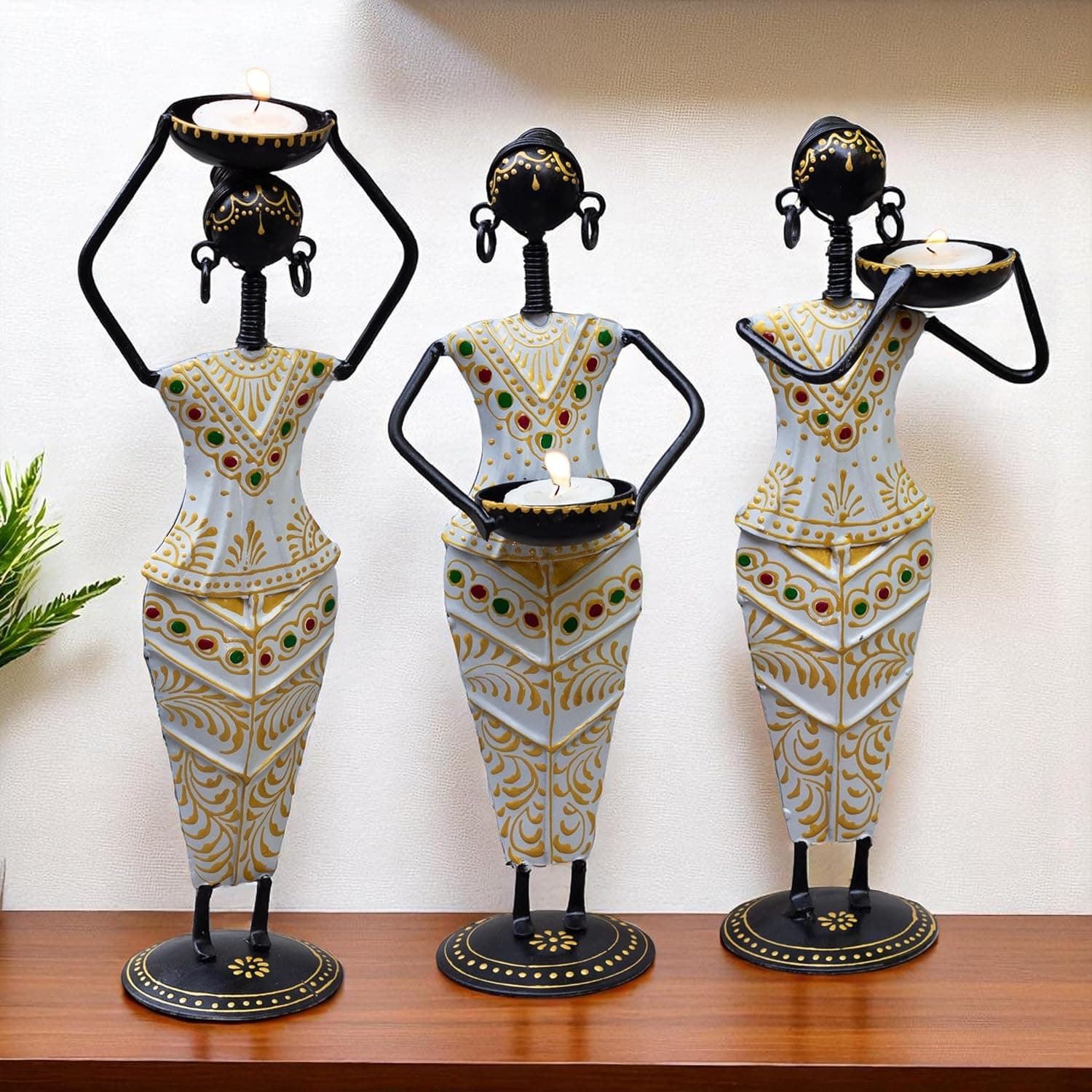 Traditional Tribal Tealight Holder Showpieces – Handmade Ethnic Decor for Home, Diwali, Wedding, Festivals, Gifting (Women-Set of 3)