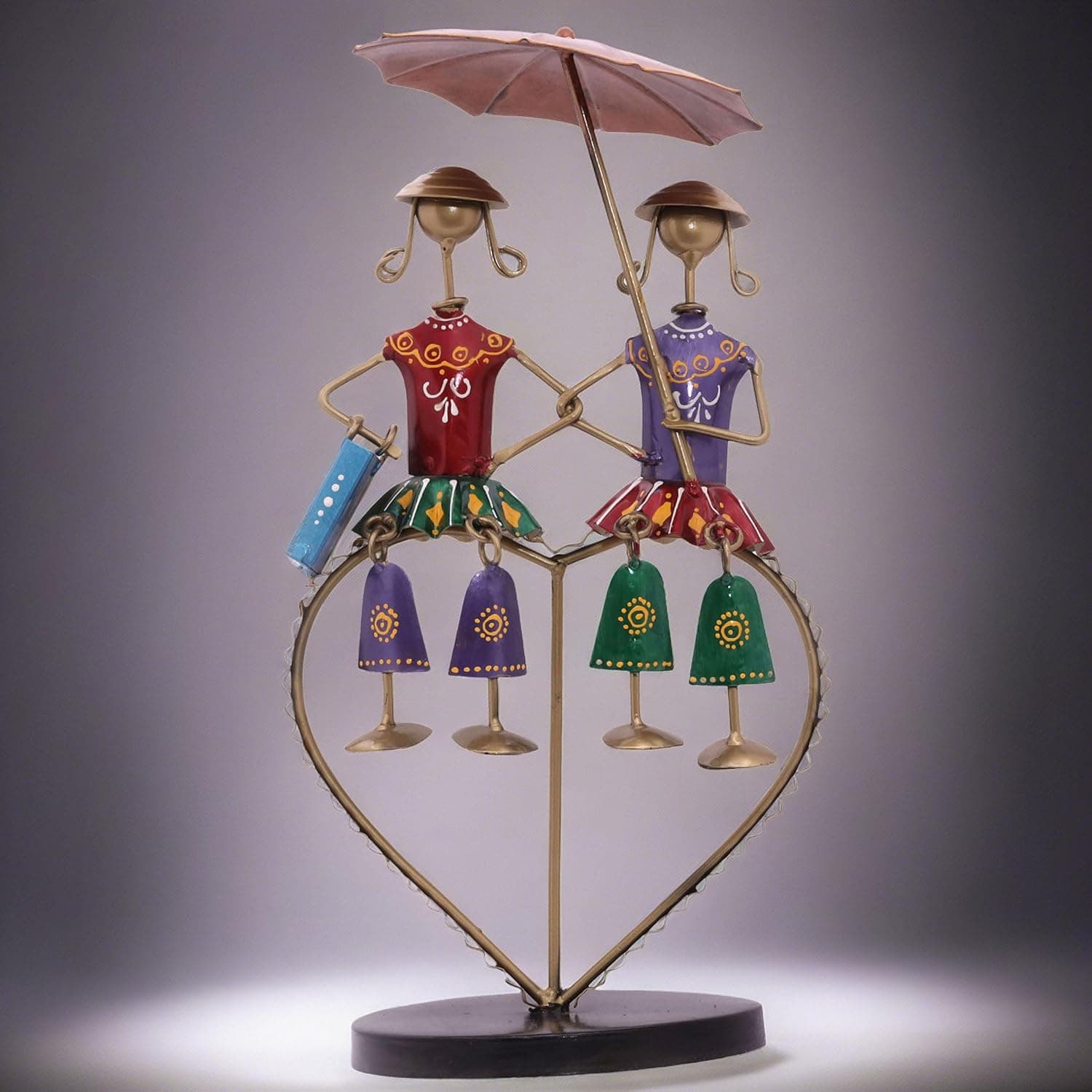 Valentine Couple Love Dolls Showpiece, Vibrant Colourful Iron Metal Two Doll with Umbrella on a Heart Stand Tabletop Home Decor Gift Set
